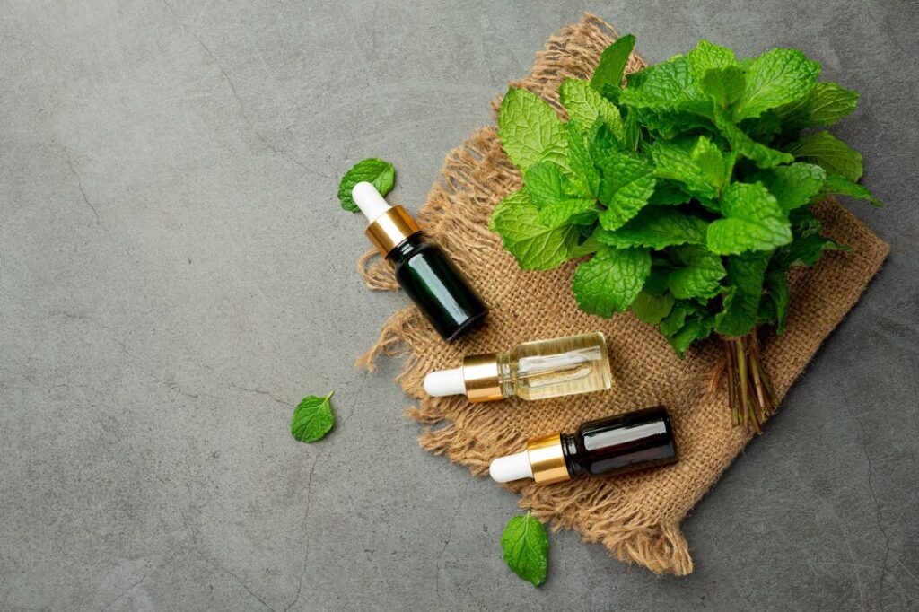 essential oil peppermint bottle with fresh green peppermint 1150 38023